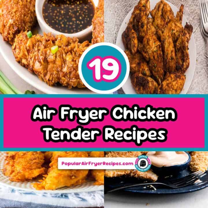 Delicious air fryer chicken tenders with dipping sauce and crispy coating.
