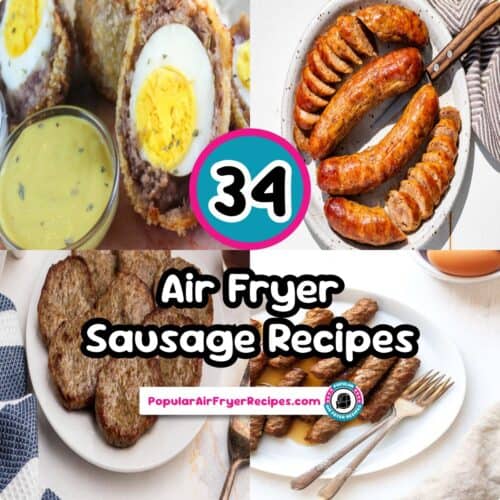 Assorted air fryer sausage recipes with sausages, eggs, and dipping sauces.
