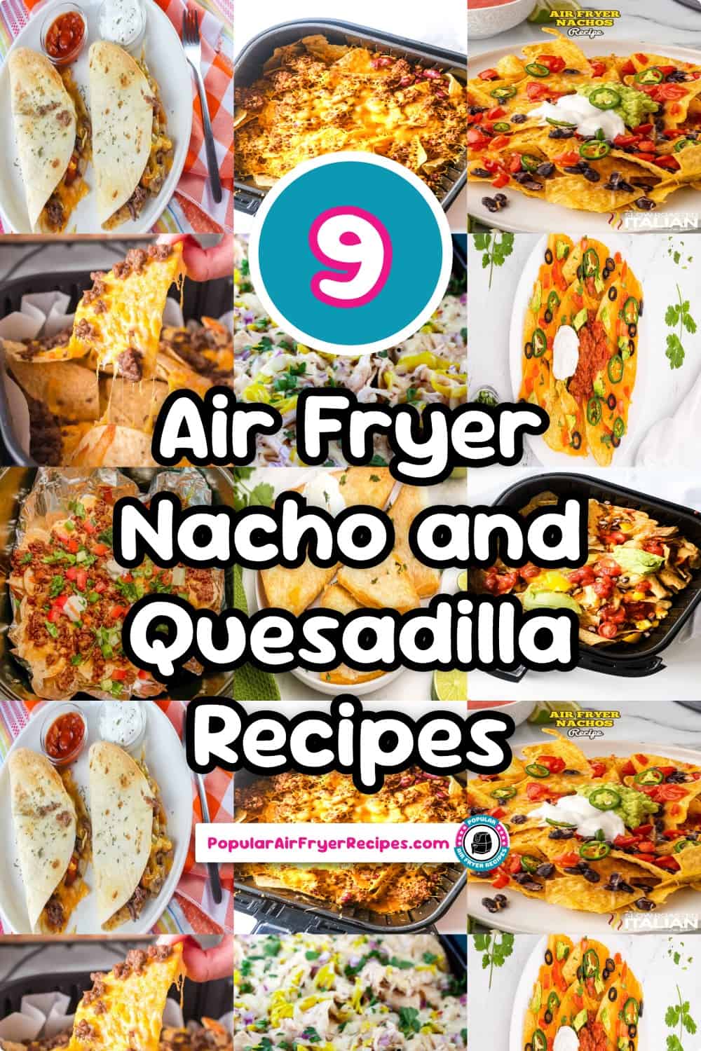 Delicious air fryer nachos and quesadillas with toppings and melted cheese.